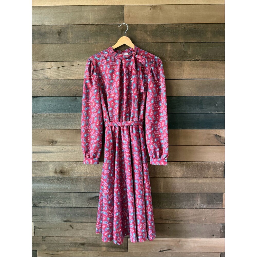 Vintage Tollocution Paisley Secretary Midi Dress Tie Neck Long Sleeve